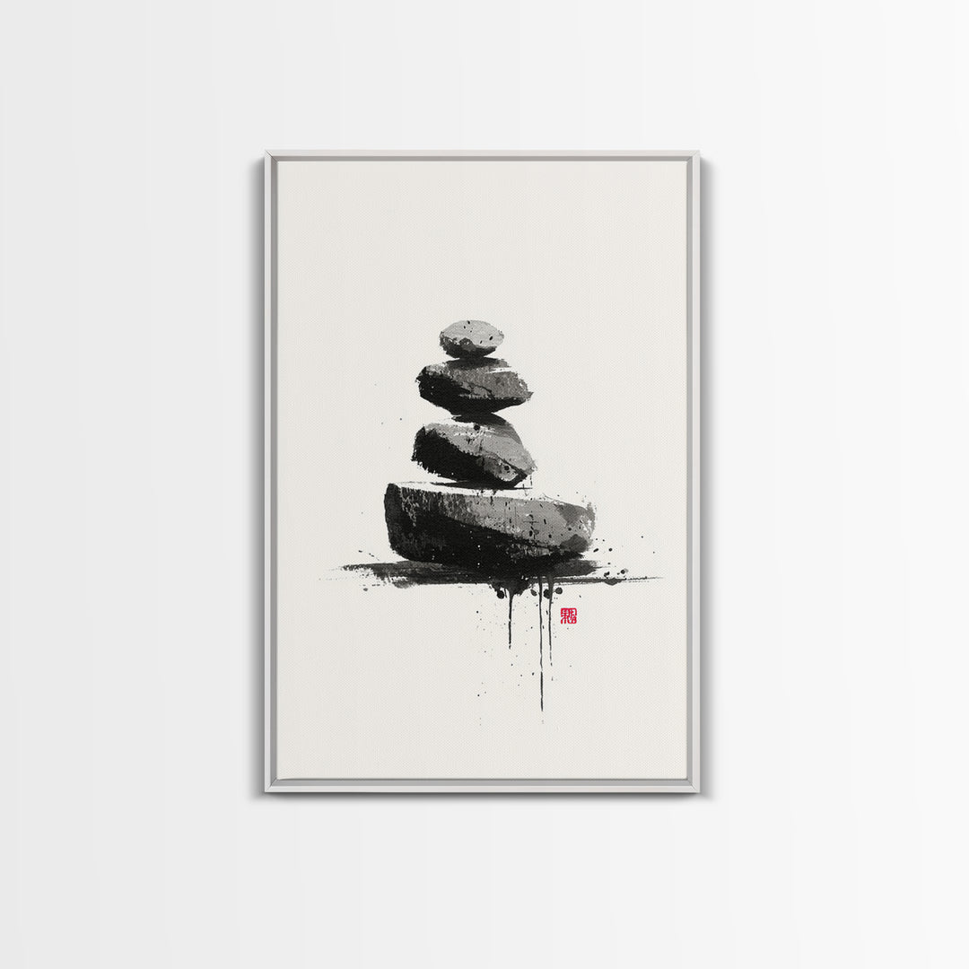 Zen Rock Balancing Japanese Ink Style Minimalist Wall Art Black And White Canvas Print For Modern Home Decor