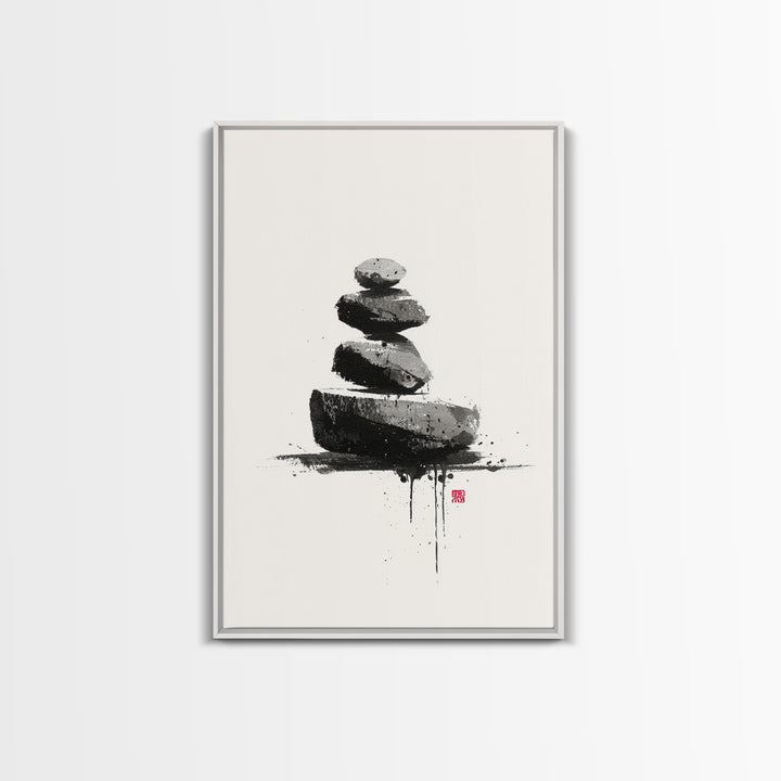 Zen Rock Balancing Japanese Ink Style Minimalist Wall Art Black And White Canvas Print For Modern Home Decor