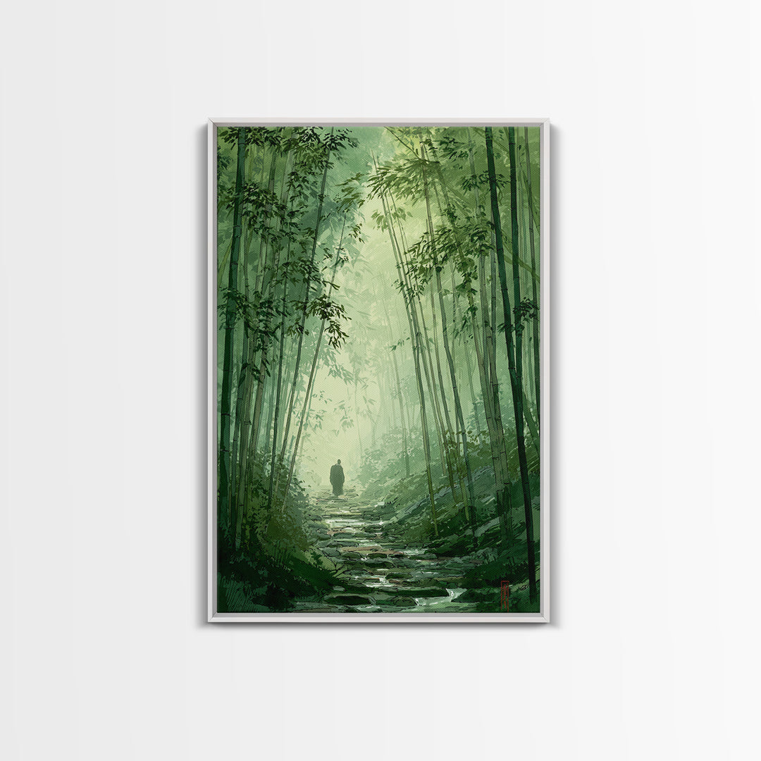 Quiet Green Bamboo Forest Path With Figure Walking Amongmist Framed Canvas Print For Serene Nature Wall Art And Home Decor