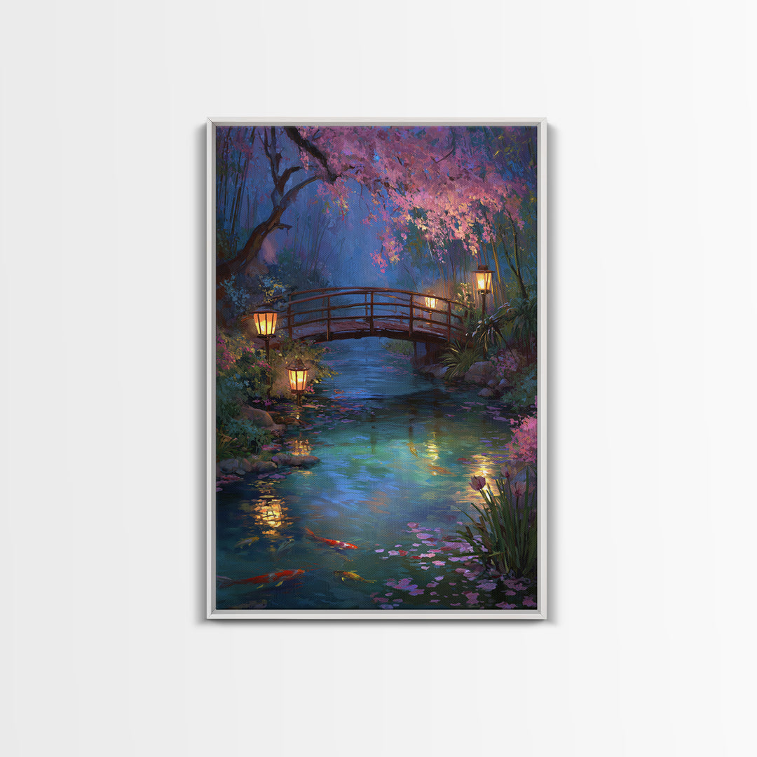 Serene Bridge Overpond With Glowing Lanterns And Koi Fish Wall Art Framed Canvas Print For Tranquil Home Decor