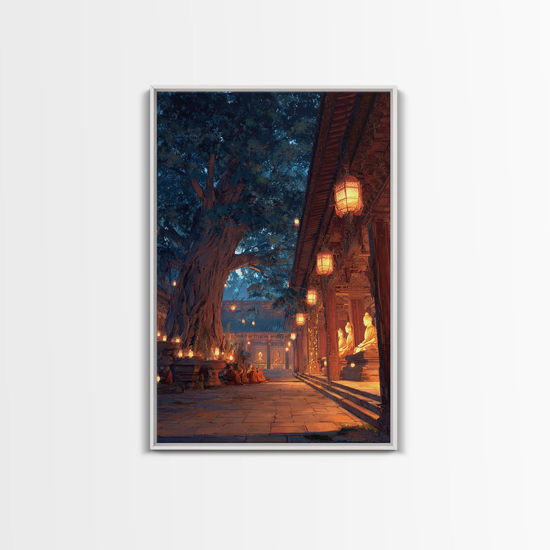Peaceful Asian Temple And Monks At Dusk Digital Oil Painting Wall Art Canvas Print For Spiritual Home Decor