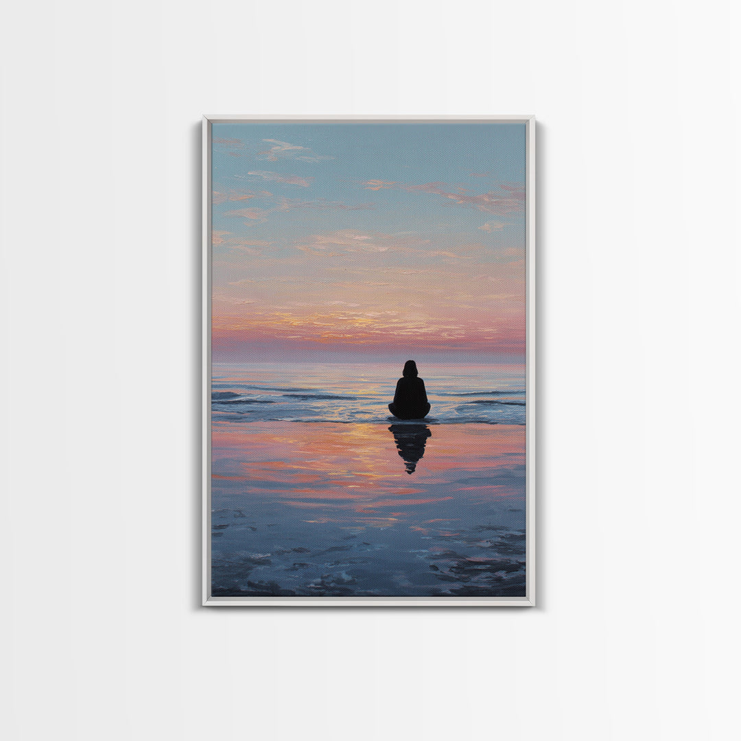 Serene Woman Meditating Beach Sunset Oil Painting Modern Wall Art Framed Canvas Print Peaceful Home Decor