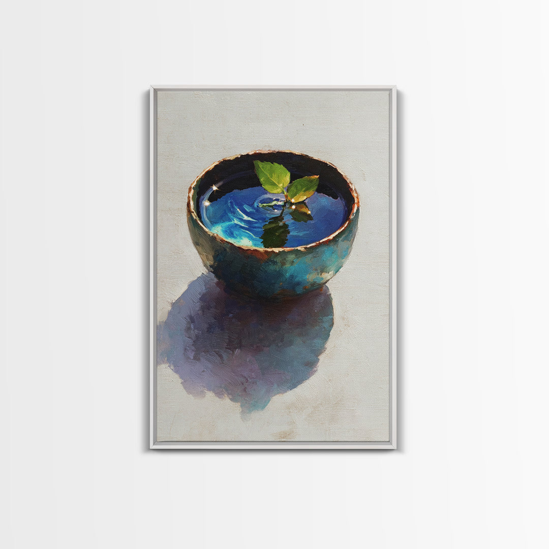 Rustic Blue Pottery Bowl With Leaf Reflection Oil Painting Framed Canvas Print For Home Decor And Wall Art
