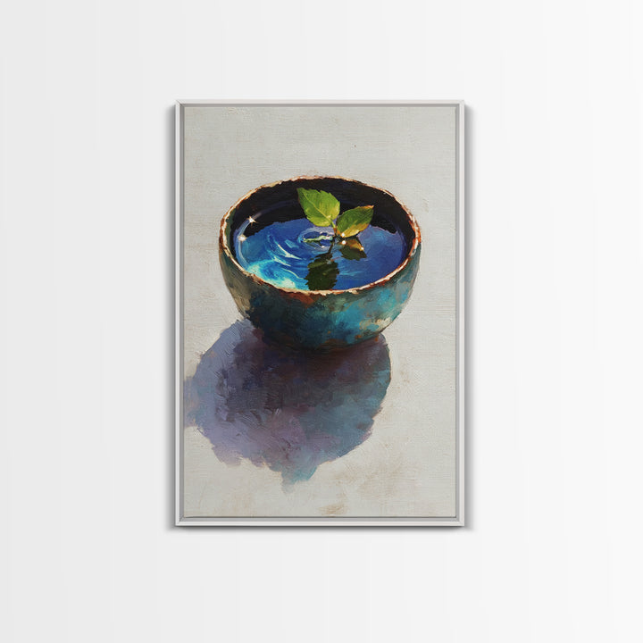 Rustic Blue Pottery Bowl With Leaf Reflection Oil Painting Framed Canvas Print For Home Decor And Wall Art