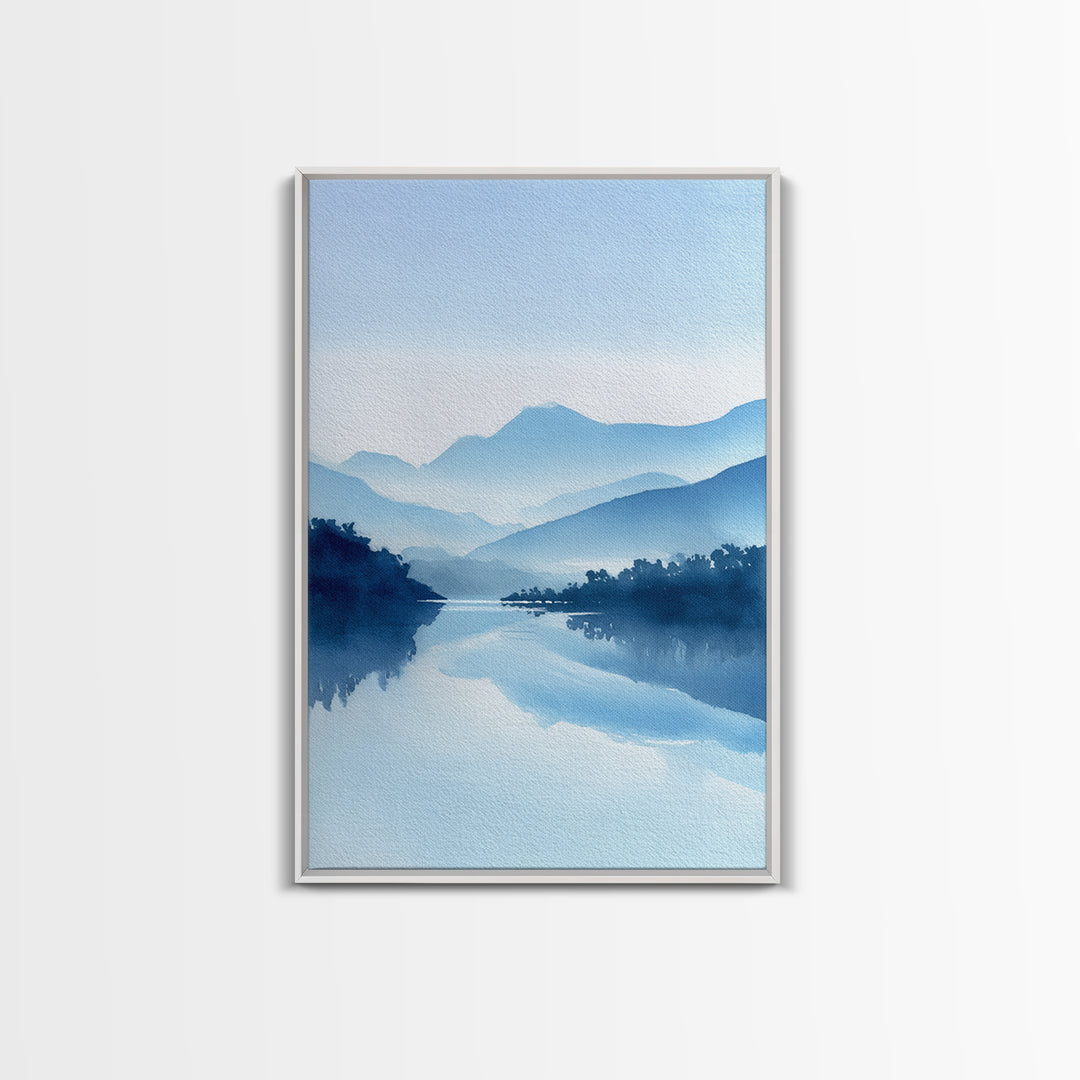 Tranquil Blue Mountain Landscape Painting Watercolor Style Canvas Print For Minimalist Bedroom And Office