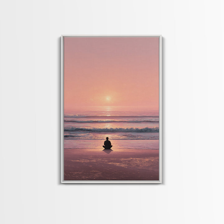 Meditative Seaside Sunset With Silhouette Sitting On Beach Wall Art Beautiful Ocean Canvas Print For Zen Home Decor