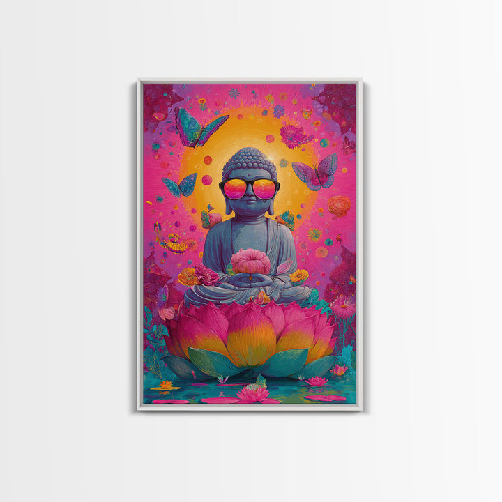 Futuristic Cityscape At Night With Neon Light Grid And Massive Pink Sun Vibrant Digital Artwork Canvas Print For Modern Office Decor