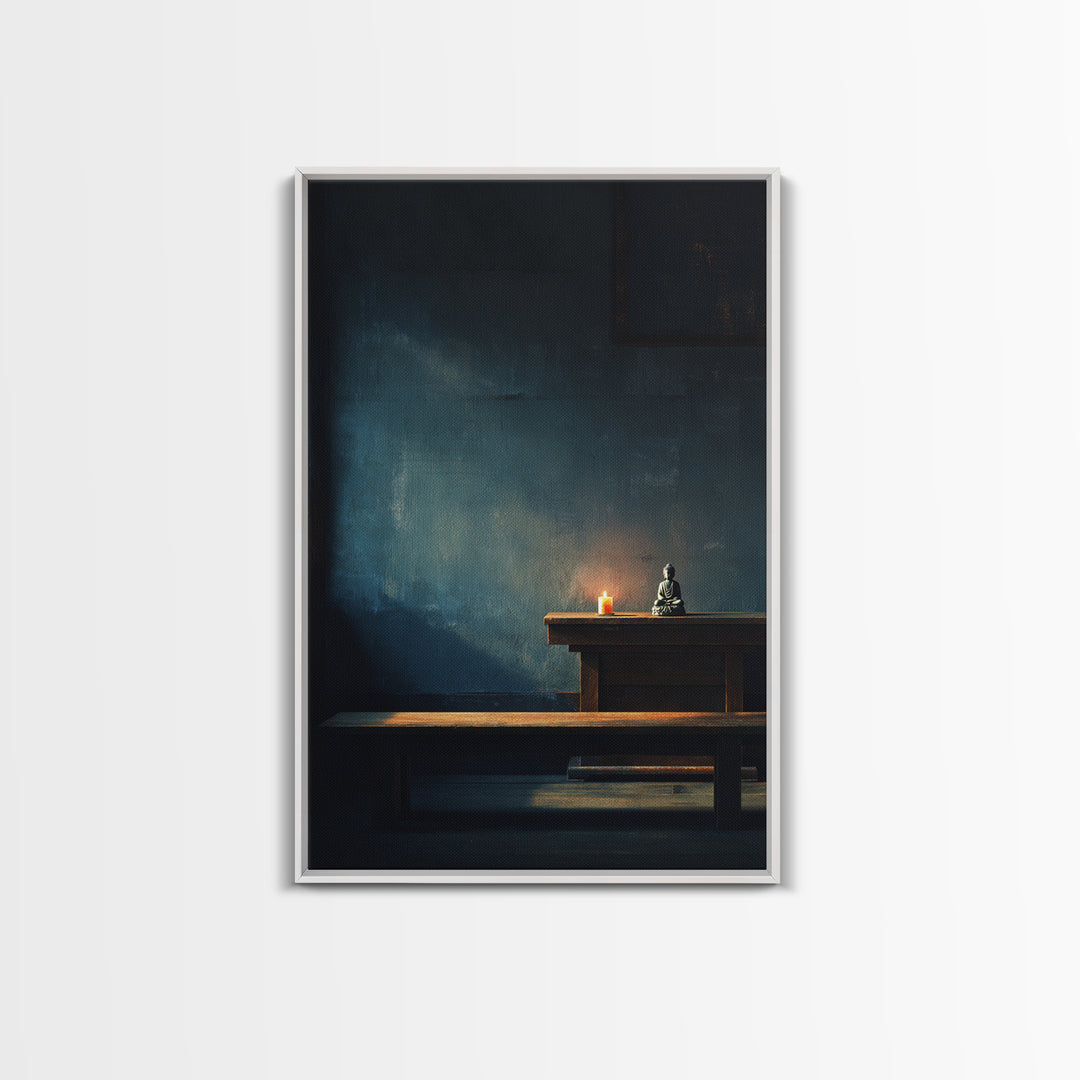 Serene Zen Meditation Room Wall Art Print With Buddha Statue And Candle Framed Canvas Print Minimalist Home Decor Tranquil Wall Art