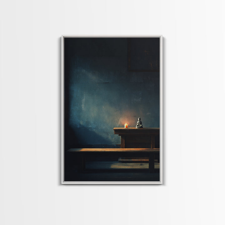 Serene Zen Meditation Room Wall Art Print With Buddha Statue And Candle Framed Canvas Print Minimalist Home Decor Tranquil Wall Art