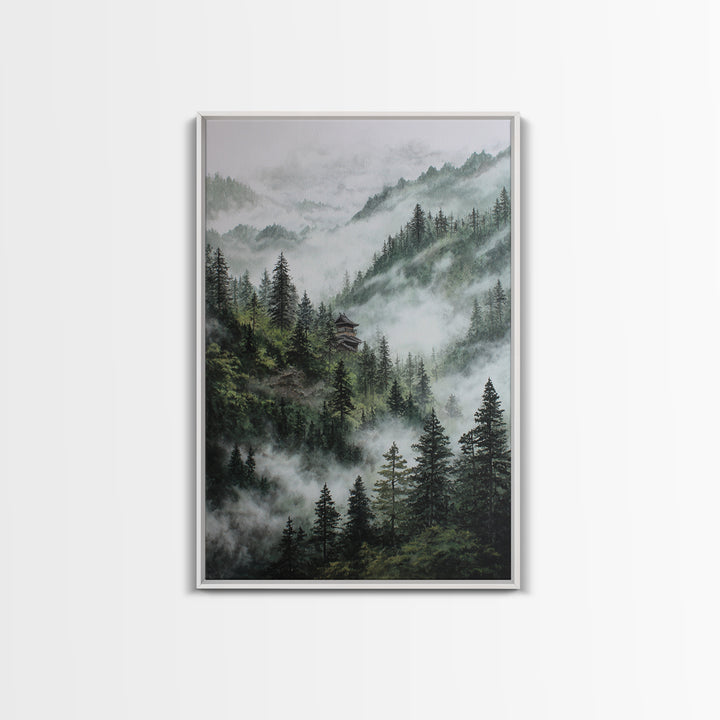 Mist Covered Mountain Landscape With Pine Trees And Hidden Cabin In The Forest Wall Art For Rustic Home Decor Canvas Print