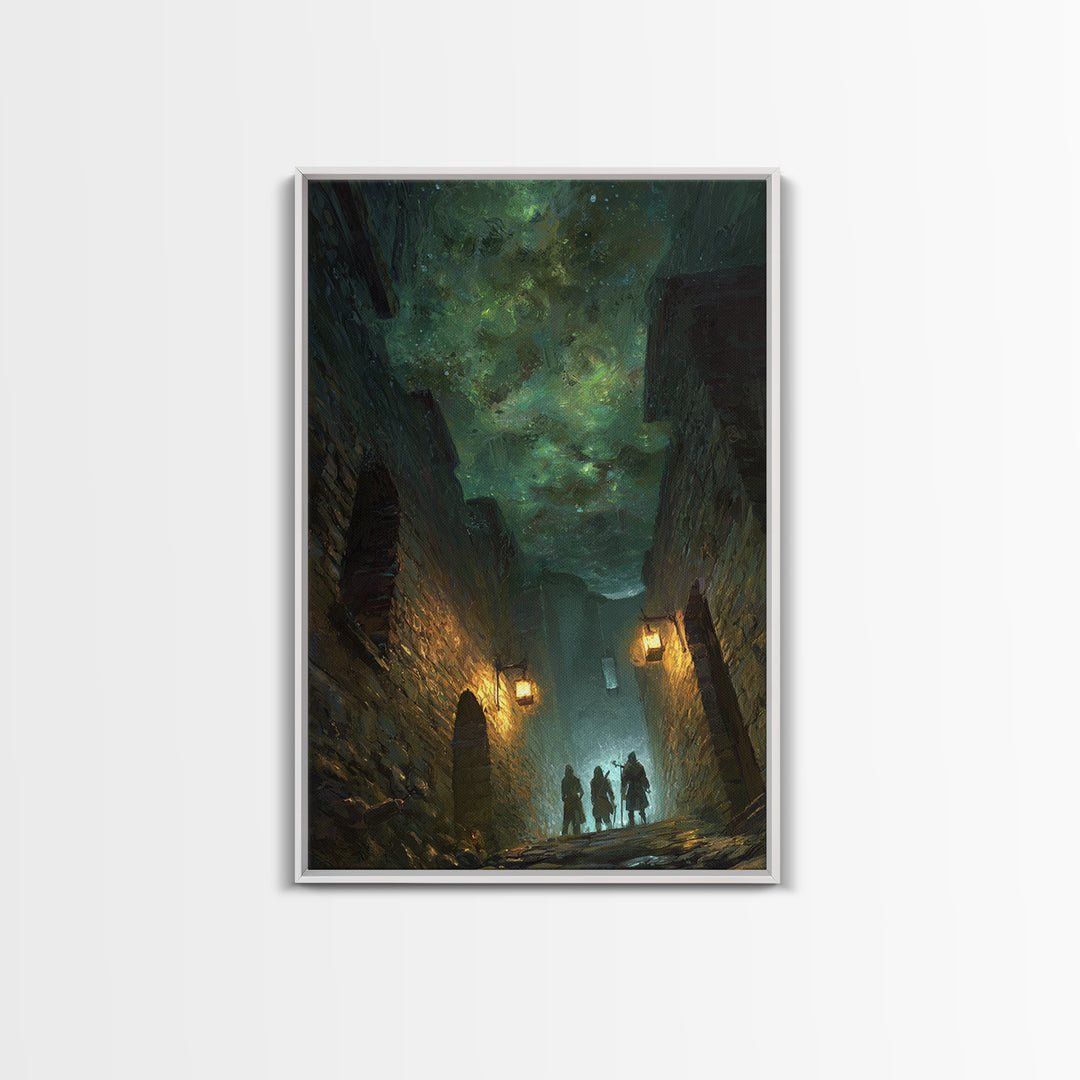 Dark Fantasy Alley Under Green Sky Wall Art, Gothic Cityscape, Magical Night Poster, Dungeons And Dragons Decor, Gift For Gamer