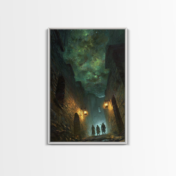 Dark Fantasy Alley Under Green Sky Wall Art, Gothic Cityscape, Magical Night Poster, Dungeons And Dragons Decor, Gift For Gamer