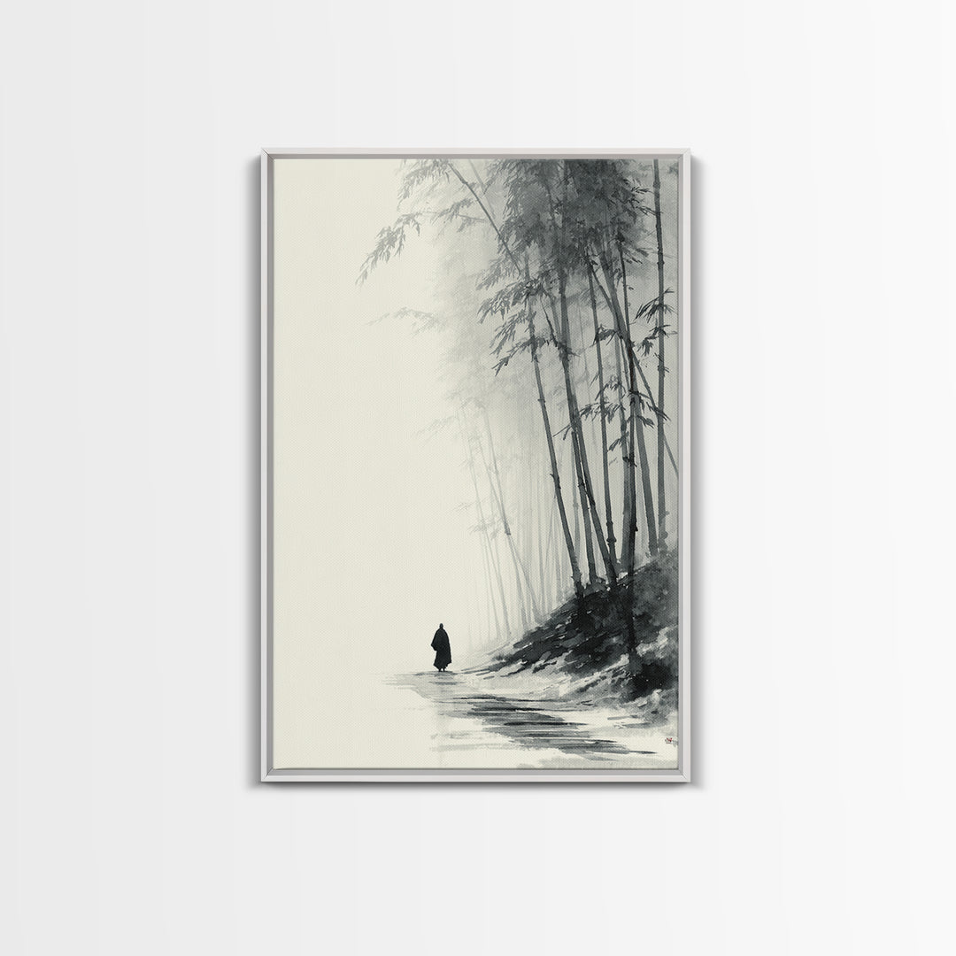 Minimalist Black And White Monochrome Painting Monk Walking In Bamboo Forest Wall Art Framed Canvas Print