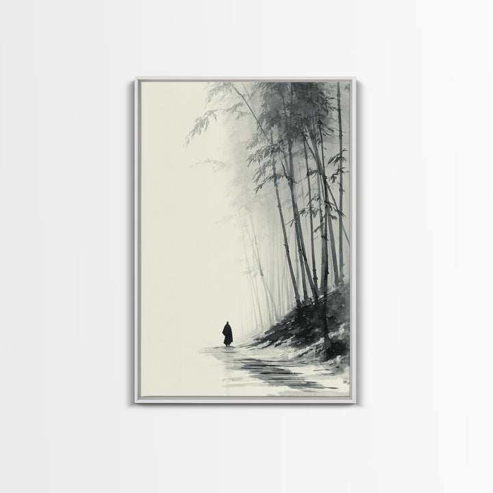 Minimalist Black And White Monochrome Painting Monk Walking In Bamboo Forest Wall Art Framed Canvas Print