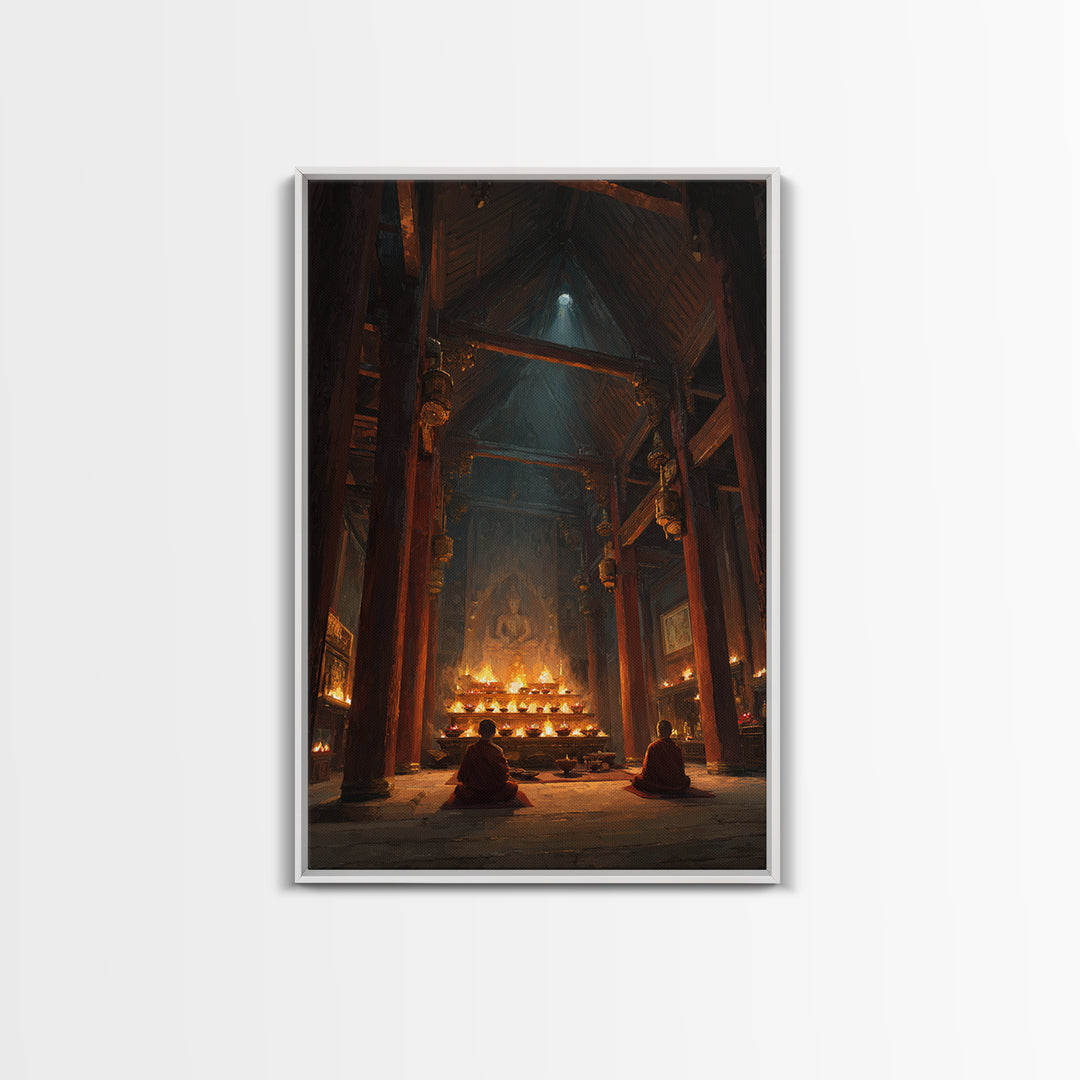 Ancient Temple Interior With Monks Meditating Spiritual Artwork Wall Art Framed Canvas Print For Meditation Room Decor
