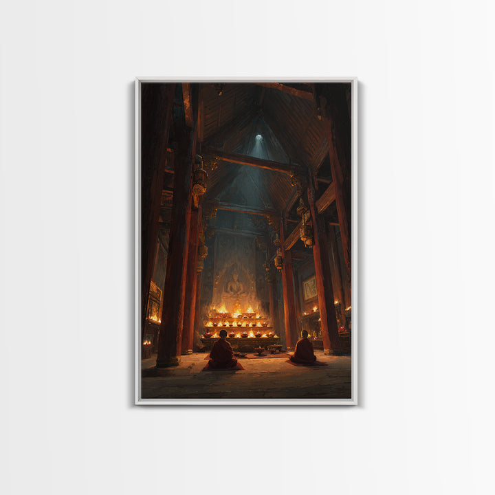 Ancient Temple Interior With Monks Meditating Spiritual Artwork Wall Art Framed Canvas Print For Meditation Room Decor