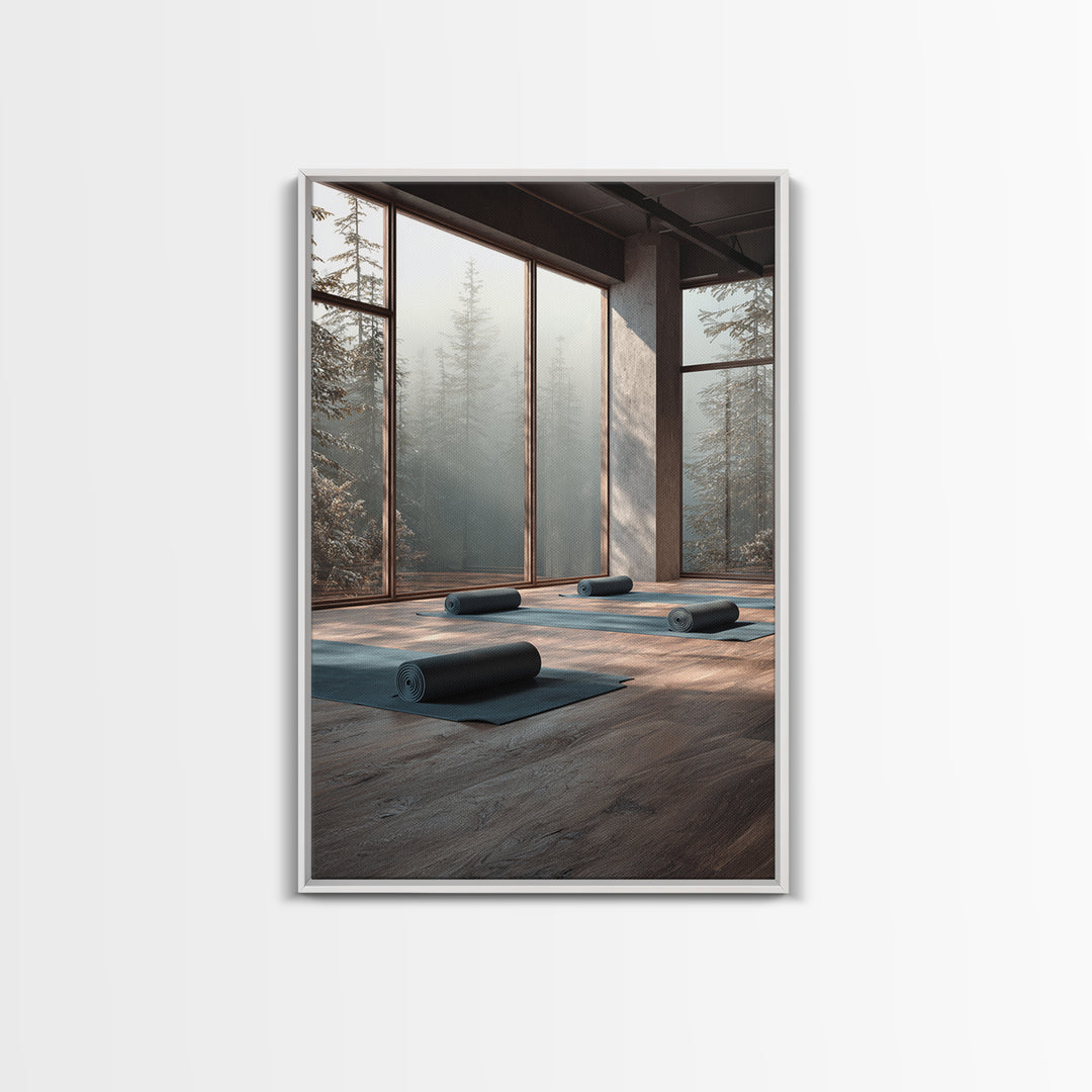 Tranquil Yoga Studio With Mountain View And Natural Light Wall Art Framed Canvas Print For Fitness And Wellness Spaces