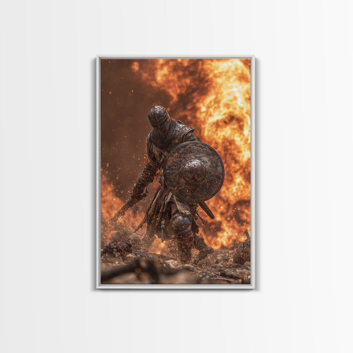 Armored Knight In Fiery Battle Framed Canvas Print, Dark Fantasy Wall Art, Medieval Warrior Decor, Gaming Room Gift For Him