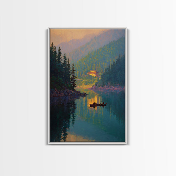 Serene Mountain Lake Landscape With Canoe Reflection Wall Art For Living Room Decor