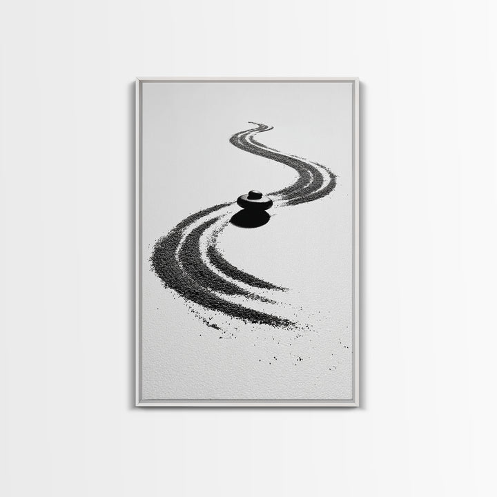 Zen Inspired Minimalist Sand And Stone Artwork Black And White Canvas Print For Modern Meditation Room Wall Art
