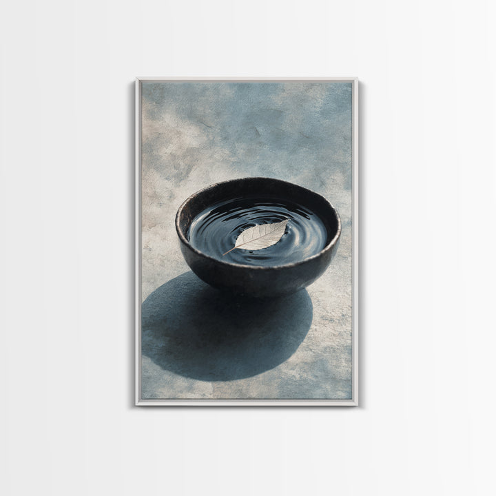 Minimalist Zen Black Bowl With Leaf Floating On Water Ripple Texture Wall Art Framed Canvas Print For Peaceful Home Decor