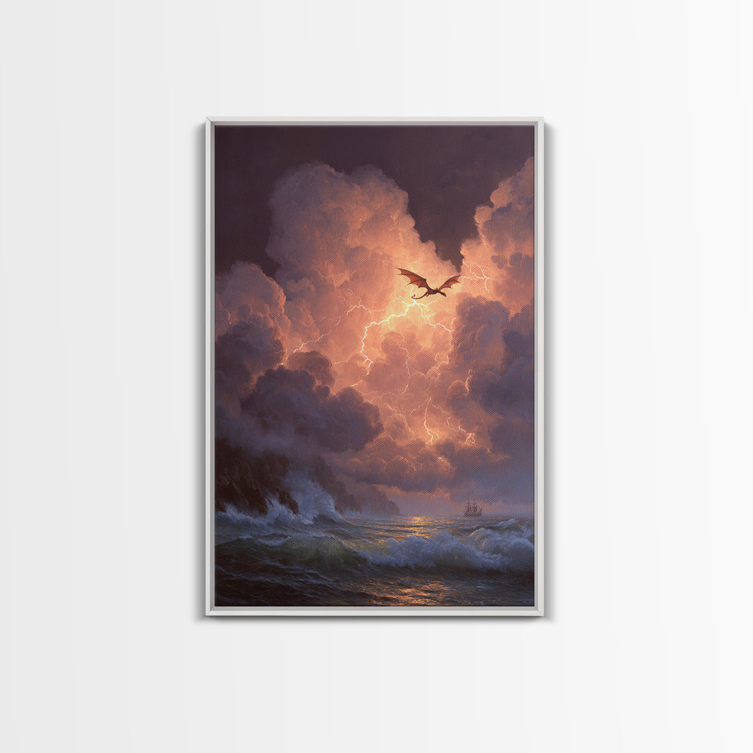 Storm Dragon Over Lightning Seas Wall Art Fantasy Seascape Canvas Print For Gothic Decor Dragon Art And Moody Coastal Room