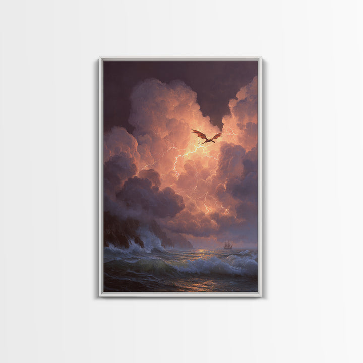 Storm Dragon Over Lightning Seas Wall Art Fantasy Seascape Canvas Print For Gothic Decor Dragon Art And Moody Coastal Room