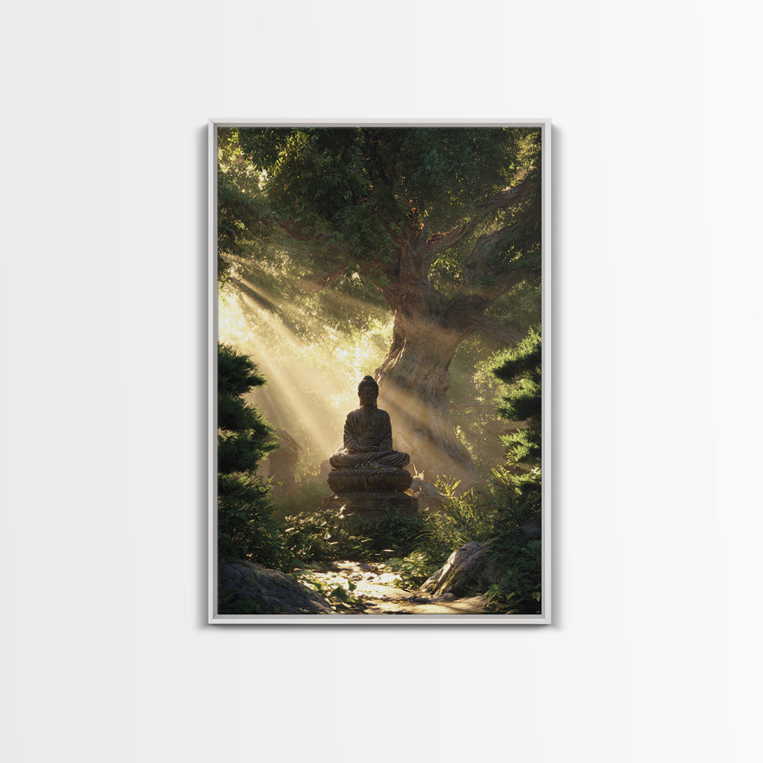Buddha Statue Meditation Nature Sunbeams Forest Wall Art Canvas Print For Spiritual Home Decor Framed Art
