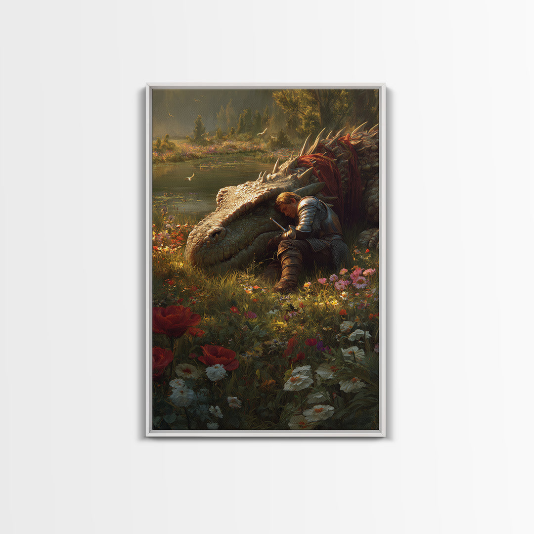 Sleeping Knight Beside Ancient Dragon Wall Art Fantasy Floral Meadow Canvas Print For Medieval Home Decor And Gift For Her