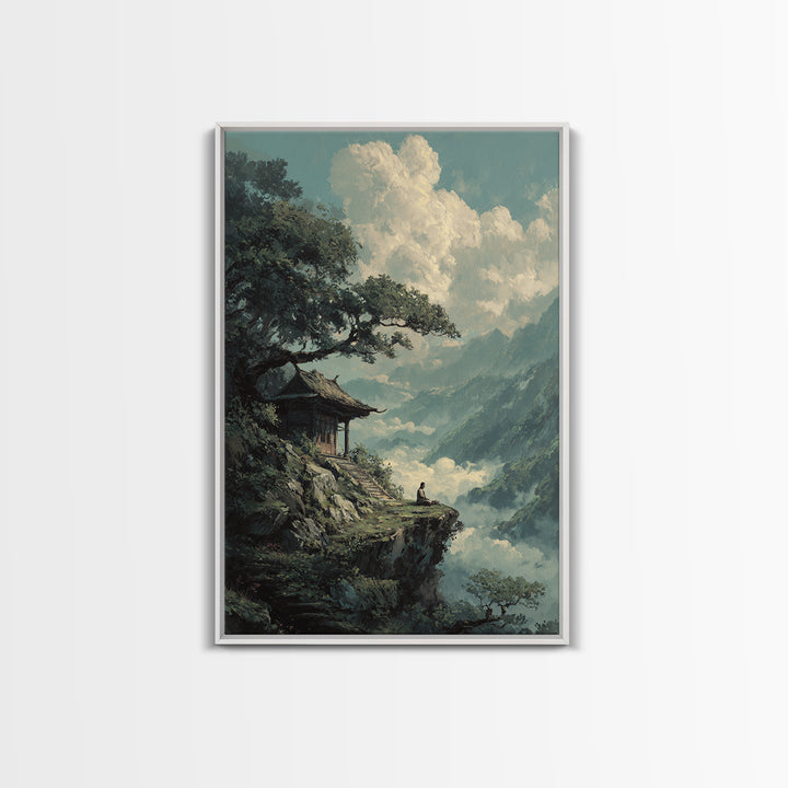 Tranquil Mountain Meditation Scene With Zen Garden Framed Canvas Print For Spiritual And Modern Home Wall Art Decor