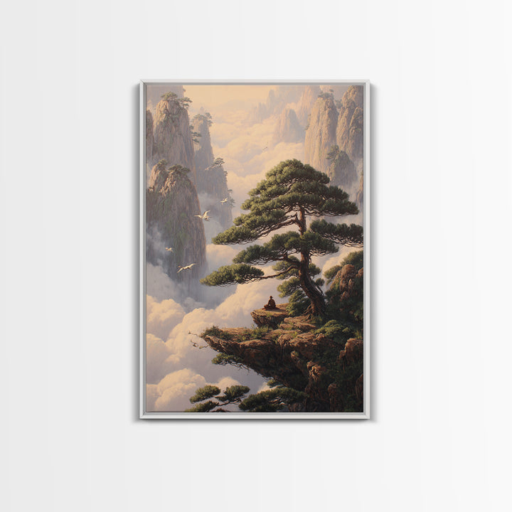 Meditative Man On Cliff Surrounded By Pines And Birds In Misty Mountains Wall Art Print For Tranquil Home Decor