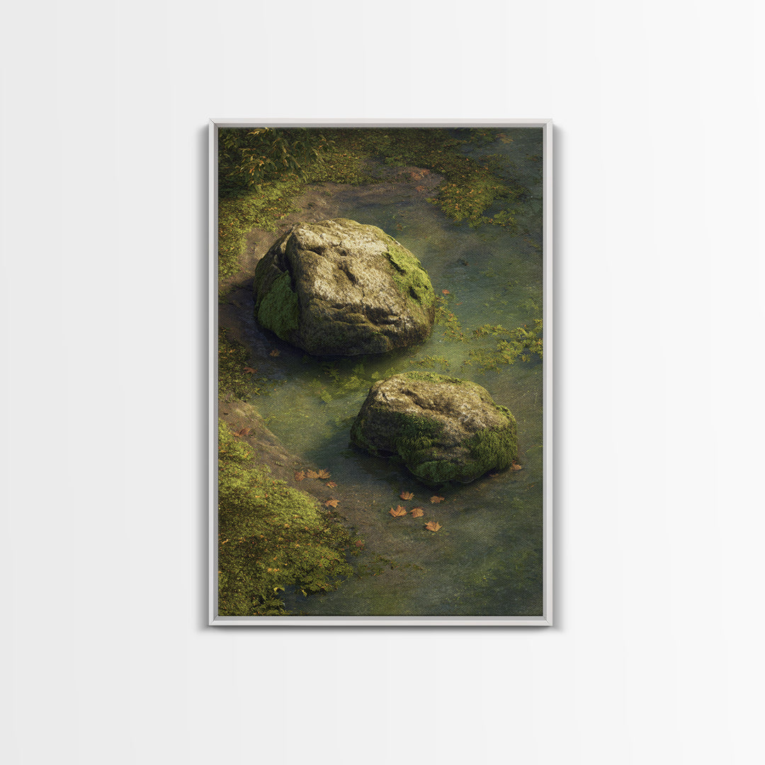 Peaceful Moss Covered Rocks In Quiet Woodland Stream Nature Wall Art Canvas Print For Calming Home Decor