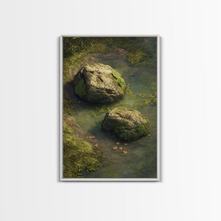 Peaceful Moss Covered Rocks In Quiet Woodland Stream Nature Wall Art Canvas Print For Calming Home Decor