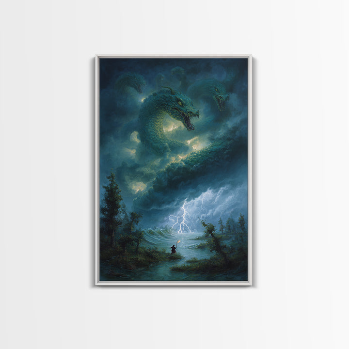Three Headed Sea Hydra Storm Wall Art Fantasy Dragon Canvas Print For Gothic Decor Mythical Creature And Moody Office Art