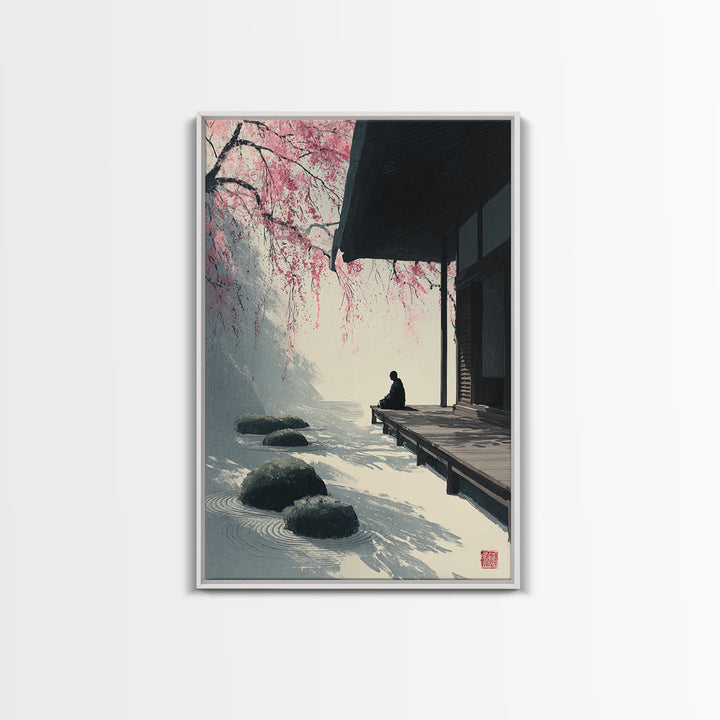 Zen Garden With Meditating Figure And Sakura Blossoms Tranquil Wall Art Framed Canvas Print