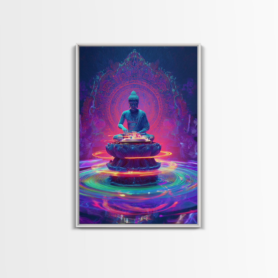 Vibrant Neon Buddha With Sacred Mandala And Energy Rings Wall Art Print Framed Canvas Print Spiritual Home Decor
