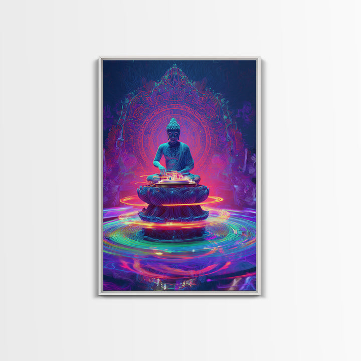 Vibrant Neon Buddha With Sacred Mandala And Energy Rings Wall Art Print Framed Canvas Print Spiritual Home Decor