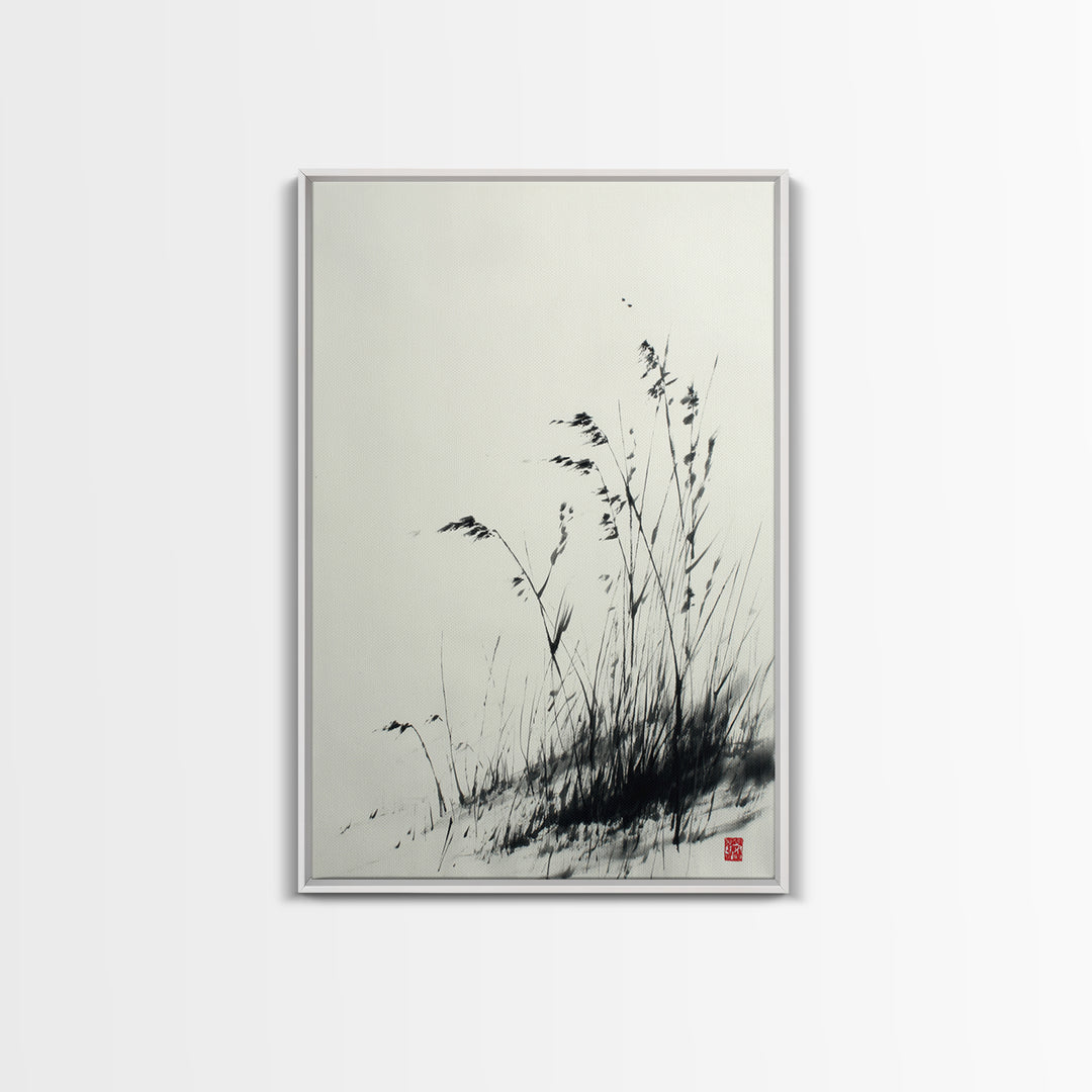Elegant Black And White Ink Painting Of Windblown Grass Minimalist Wall Art Framed Canvas Print Natural Home Decor