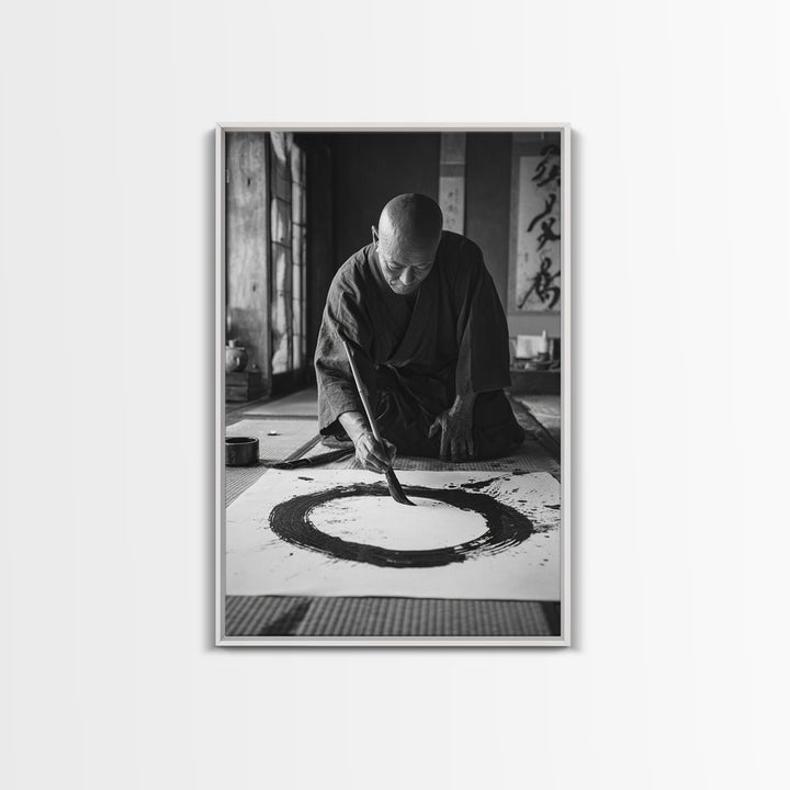 Black And White Fine Art Photography Of Japanese Calligraphy Artist Painting Circle Wall Art Framed Canvas Print