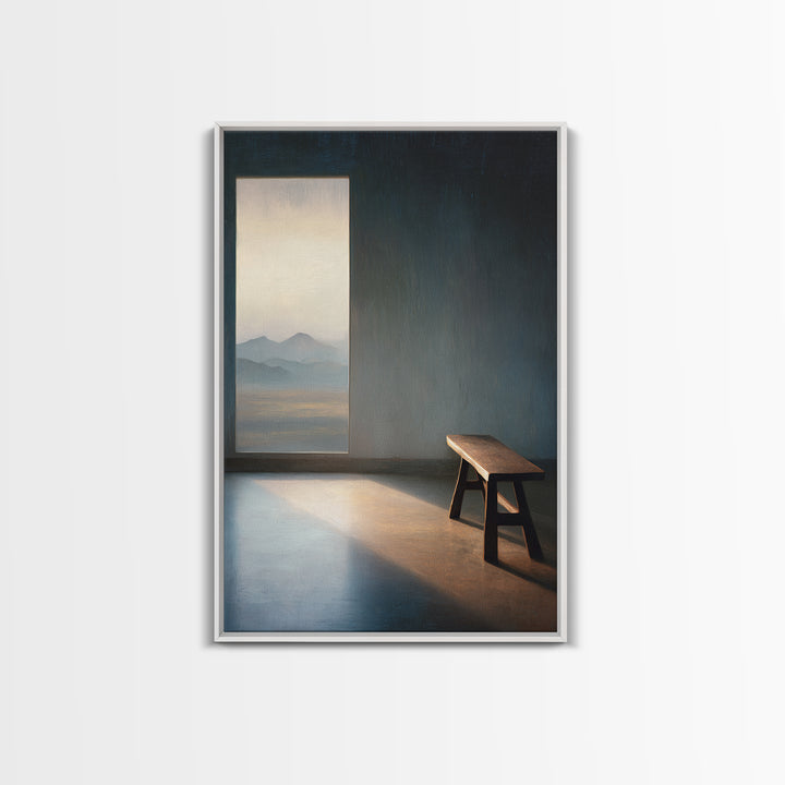 Peaceful Empty Room With Wooden Bench And Mountain View Window Oil Painting Wall Art Print Canvas Print For Minimalist Home Decor