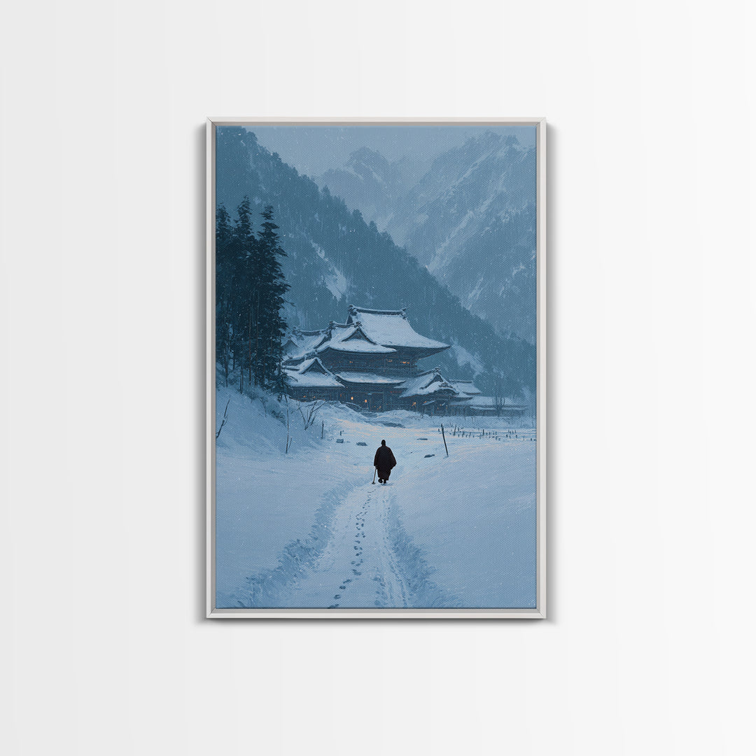 Serene Japanese Winter Landscape With Snow Covered Temple And Monk Pathway Wall Art Canvas Print For Home Decor