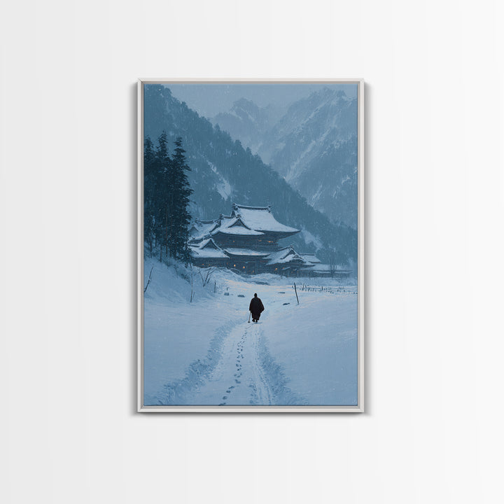 Serene Japanese Winter Landscape With Snow Covered Temple And Monk Pathway Wall Art Canvas Print For Home Decor