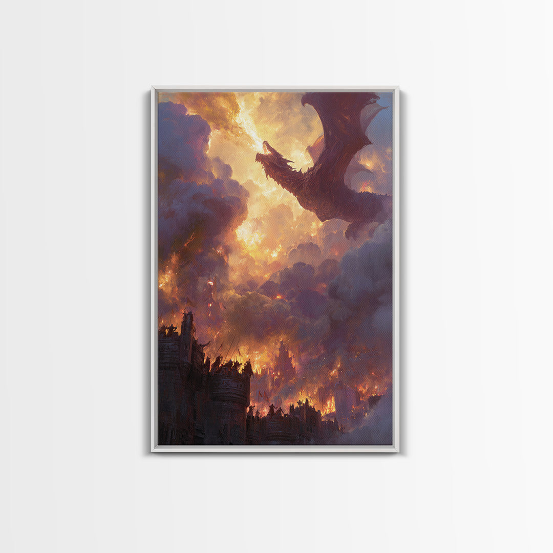 Red Dragon Above Burning Castle Wall Art Epic Fantasy Canvas Print For Gothic Decor Medieval Battle Art And Game Room Wall Decor