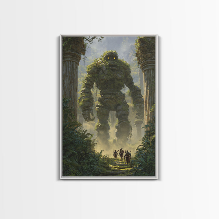 Moss Covered Stone Golem In Jungle Ruins Wall Art Fantasy Canvas Print For Nature Decor Adventure Art And Kids Room Wall Decor