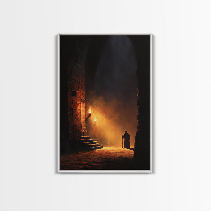 Torchlit Monk In Ancient Stone Arch Wall Art Dark Academia Canvas Print For Gothic Decor Medieval Hallway Art And Office