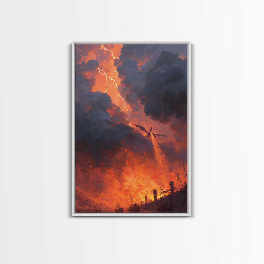 Fire Breathing Dragon Over Burning Battlefield Wall Art Epic Fantasy Canvas Print For Medieval Decor Gothic Game Room Wall Decor