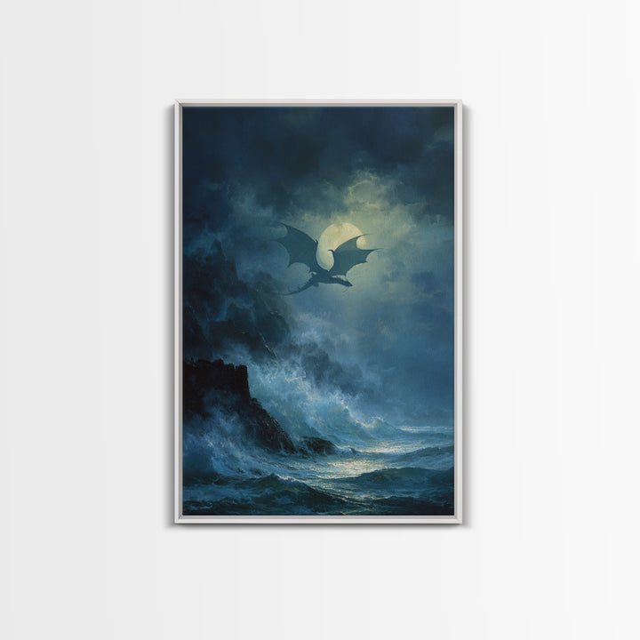 Moonlit Dragon Above Stormy Ocean Wall Art Gothic Seascape Canvas Print For Fantasy Decor Coastal Art And Moody Home Decor Gift For Him