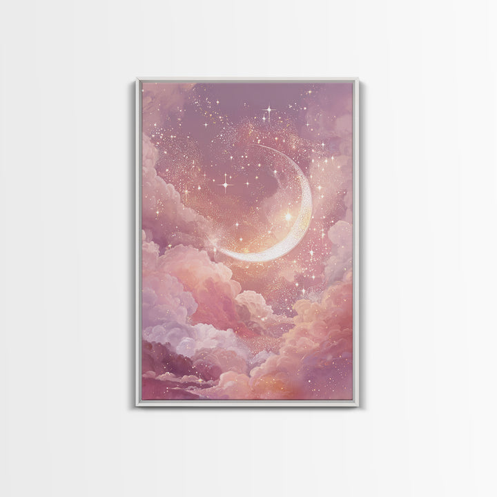 Glowing Crescent Moon Among Pink Clouds Wall Art, Celestial Canvas Print, Dreamy Nursery Decor, Whimsical Bedroom Art, Gift For Her