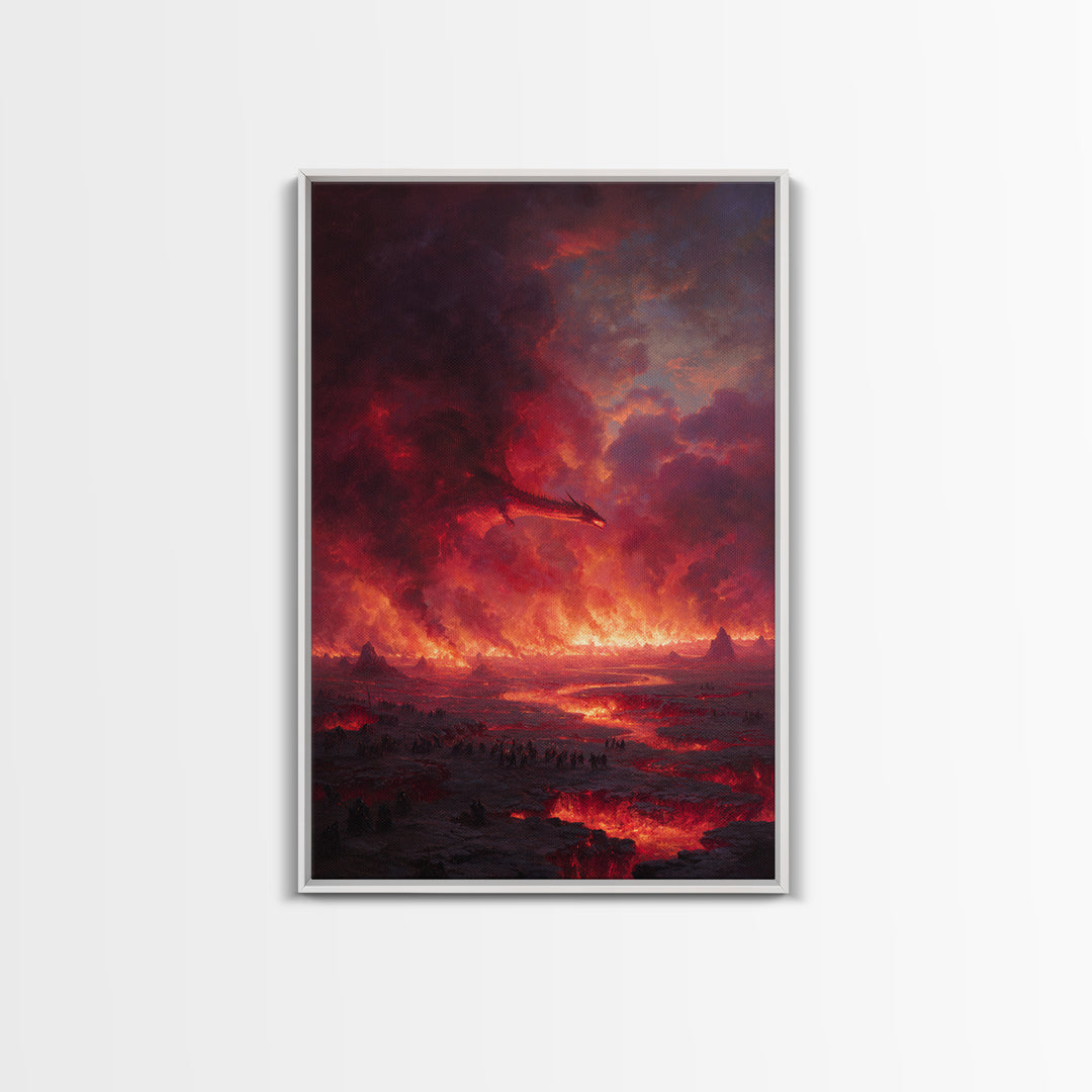 Fiery Dragon Apocalypse Landscape Wall Art, Dark Fantasy Canvas Decor, Gothic Medieval Battle, Large Fantasy Art Print Poster