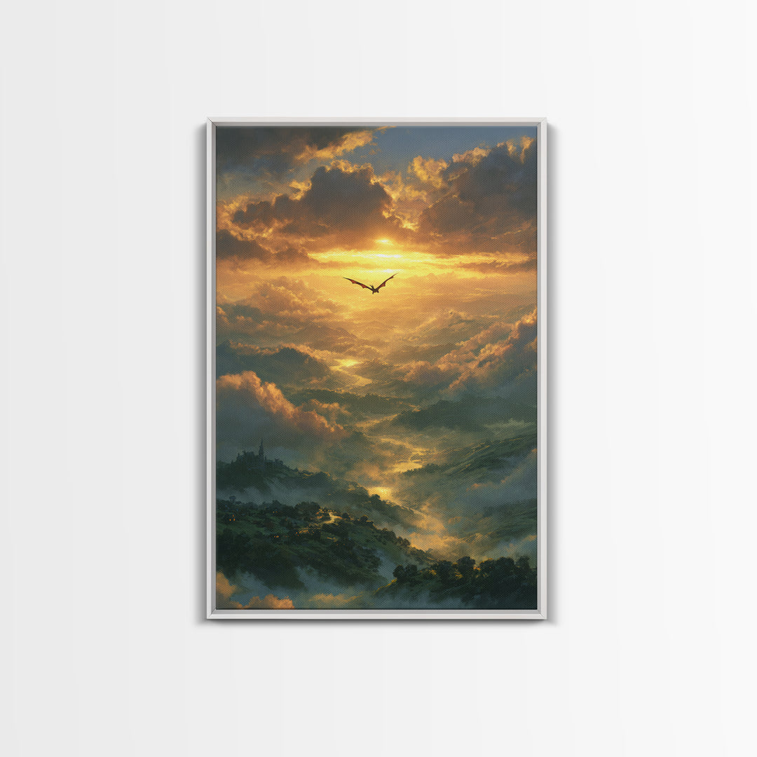 Golden Dragon Above Misty Valley Framed Canvas Print, Fantasy Landscape Wall Decor, Epic Castle Art For Living Room Home Decor
